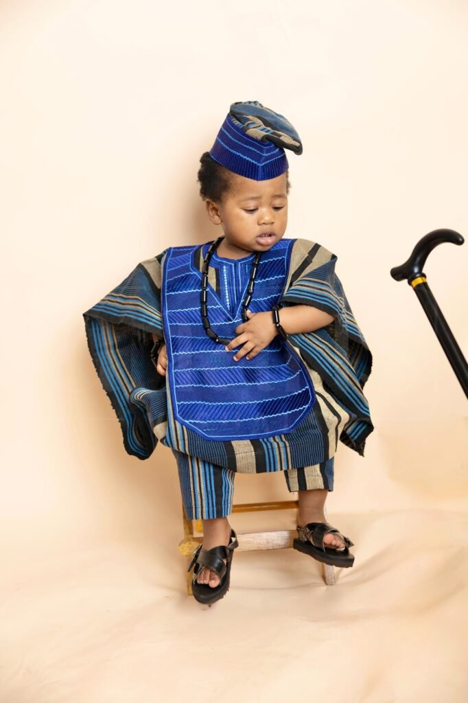 Blue and Brown Aṣọ Oke (Asọke) Traditional Yoruba Outfit