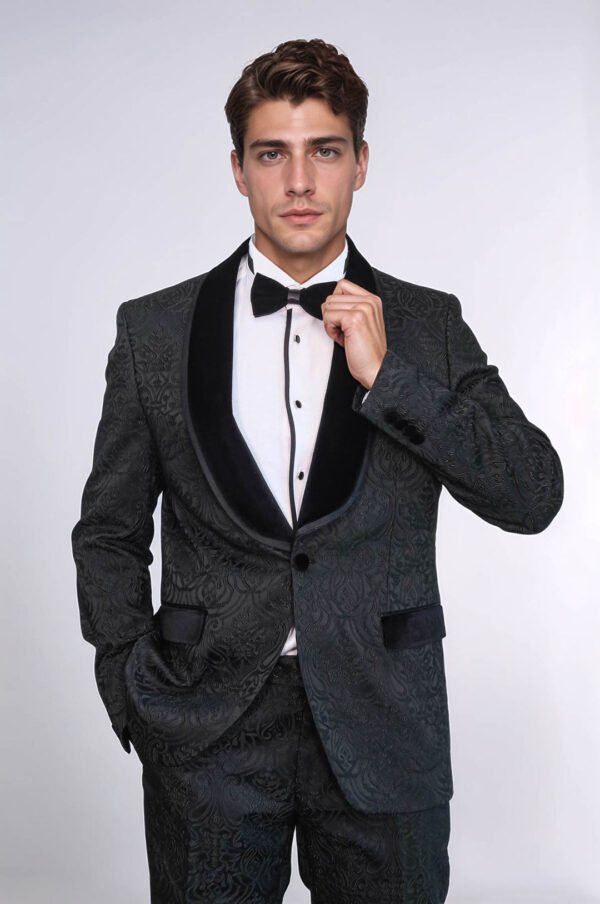 2 Piece Damask Patterned Velvet Shawl Collar Black Men's Tuxedo Suit