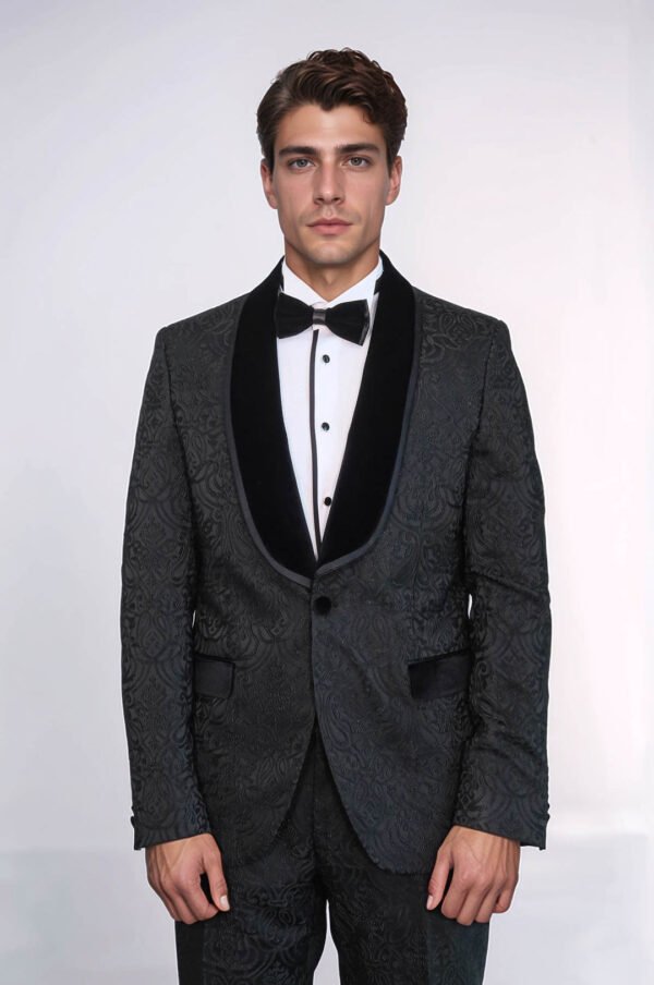2 Piece Damask Patterned Velvet Shawl Collar Black Men's Tuxedo Suit