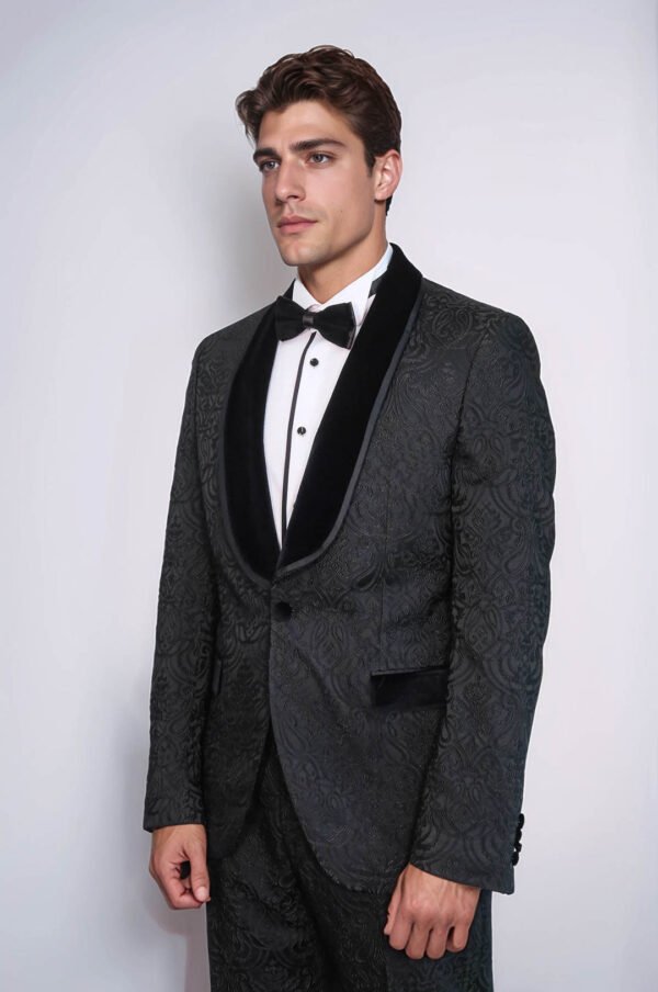 2 Piece Damask Patterned Velvet Shawl Collar Black Men's Tuxedo Suit