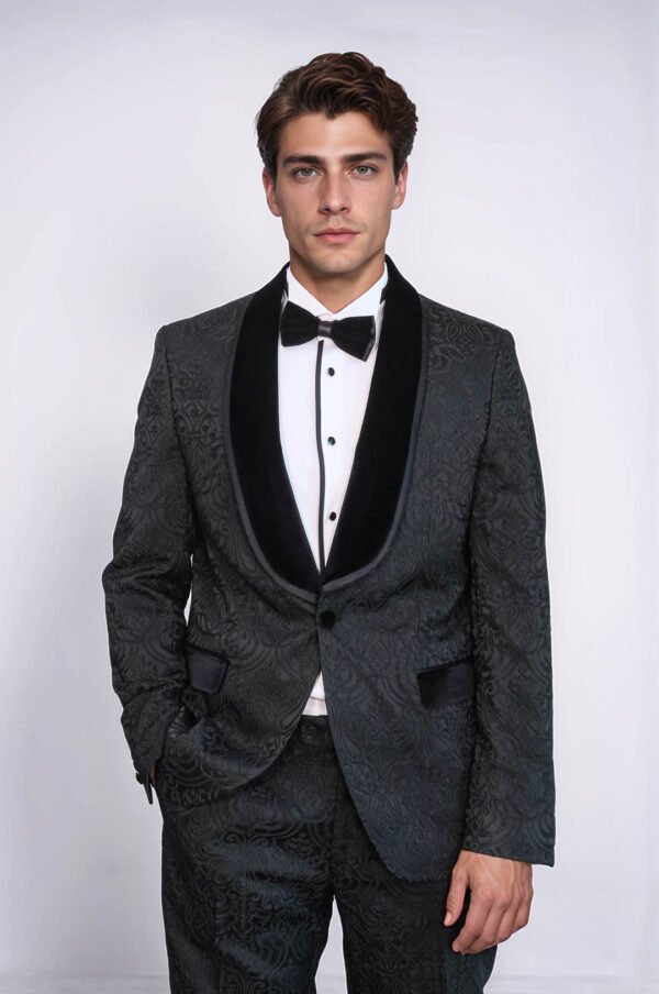 2 Piece Damask Patterned Velvet Shawl Collar Black Men's Tuxedo Suit
