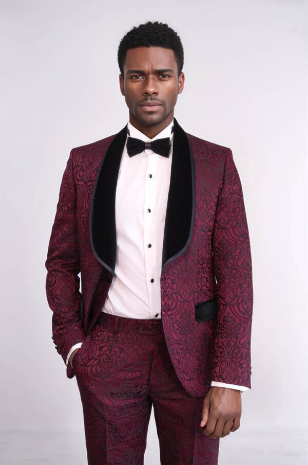 2 Piece Damask Patterned Velvet Shawl Collar Burgundy Men's Tuxedo Suit