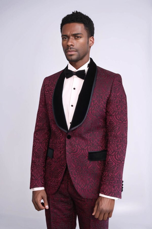 2 Piece Damask Patterned Velvet Shawl Collar Burgundy Men's Tuxedo Suit