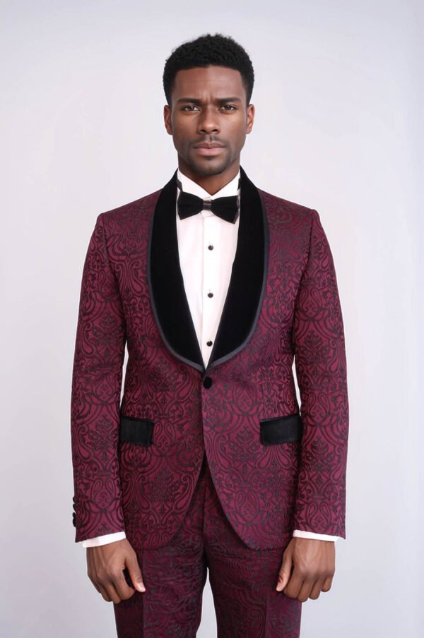 2 Piece Damask Patterned Velvet Shawl Collar Burgundy Men's Tuxedo Suit