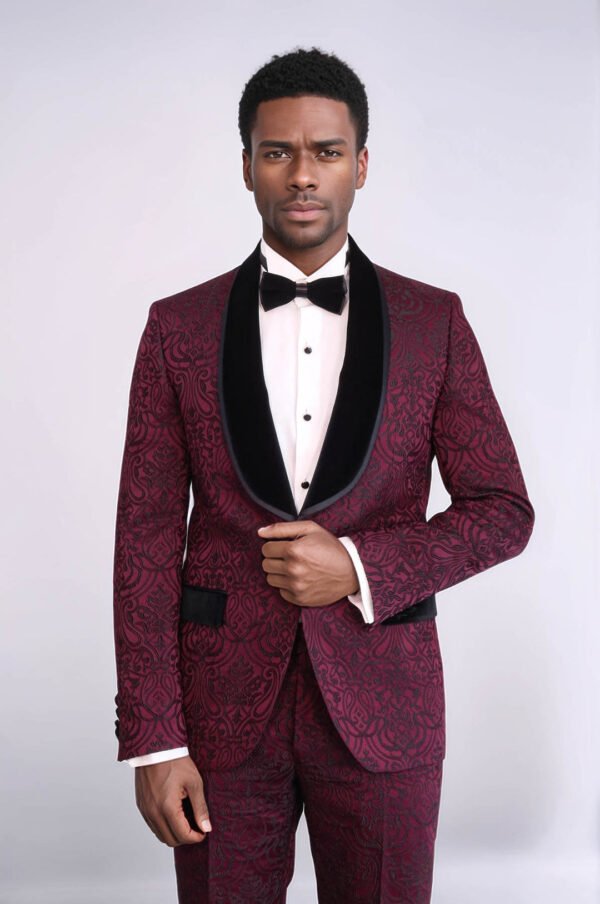 2 Piece Damask Patterned Velvet Shawl Collar Burgundy Men's Tuxedo Suit
