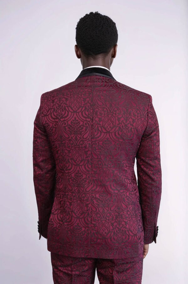 2 Piece Damask Patterned Velvet Shawl Collar Burgundy Men's Tuxedo Suit