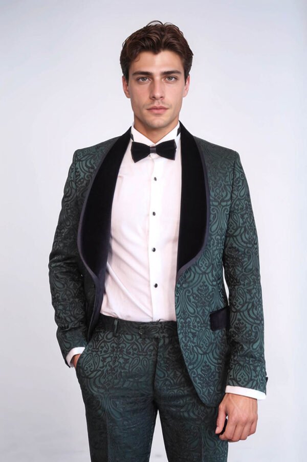 2 Piece Damask Patterned Velvet Shawl Collar Emerald Green Men's Tuxedo Suit