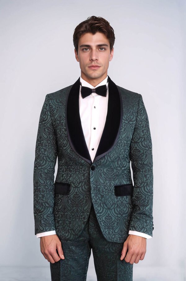2 Piece Damask Patterned Velvet Shawl Collar Emerald Green Men's Tuxedo Suit