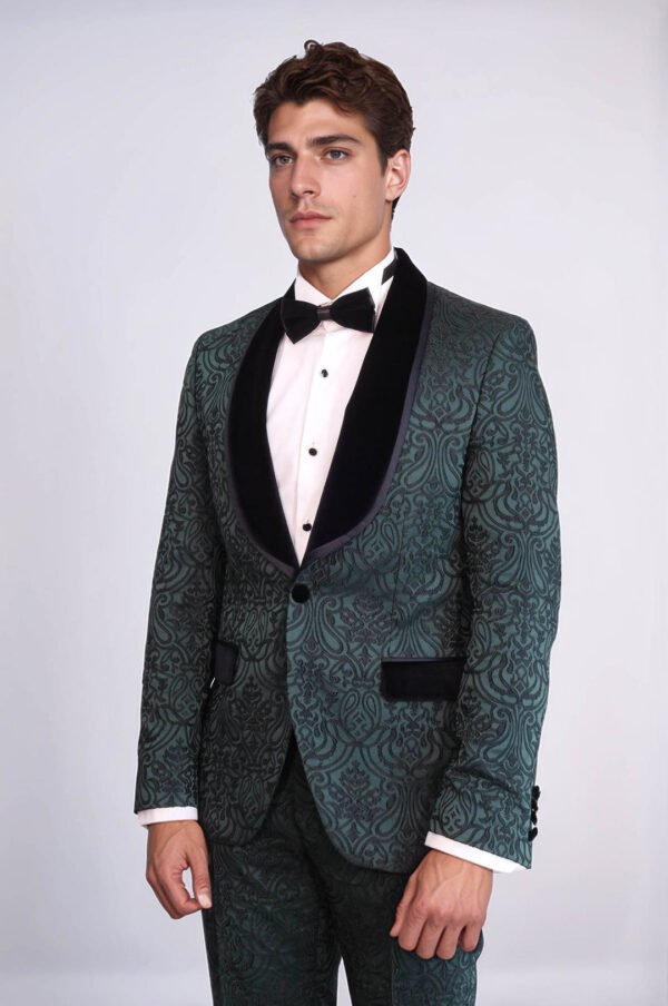 2 Piece Damask Patterned Velvet Shawl Collar Emerald Green Men's Tuxedo Suit
