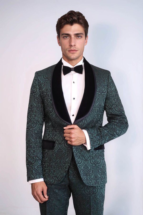 2 Piece Damask Patterned Velvet Shawl Collar Emerald Green Men's Tuxedo Suit