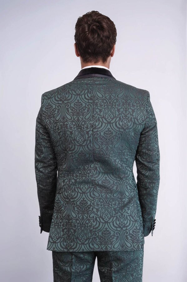 2 Piece Damask Patterned Velvet Shawl Collar Emerald Green Men's Tuxedo Suit