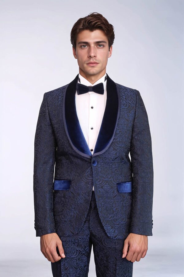 2 Piece Damask Patterned Velvet Shawl Collar Royal Blue Men's Tuxedo Suit