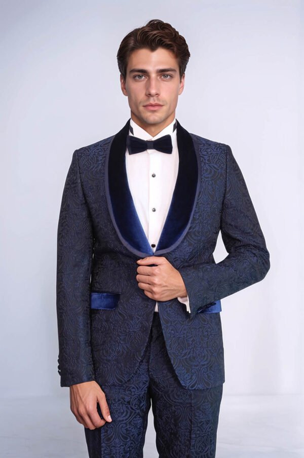 2 Piece Damask Patterned Velvet Shawl Collar Royal Blue Men's Tuxedo Suit