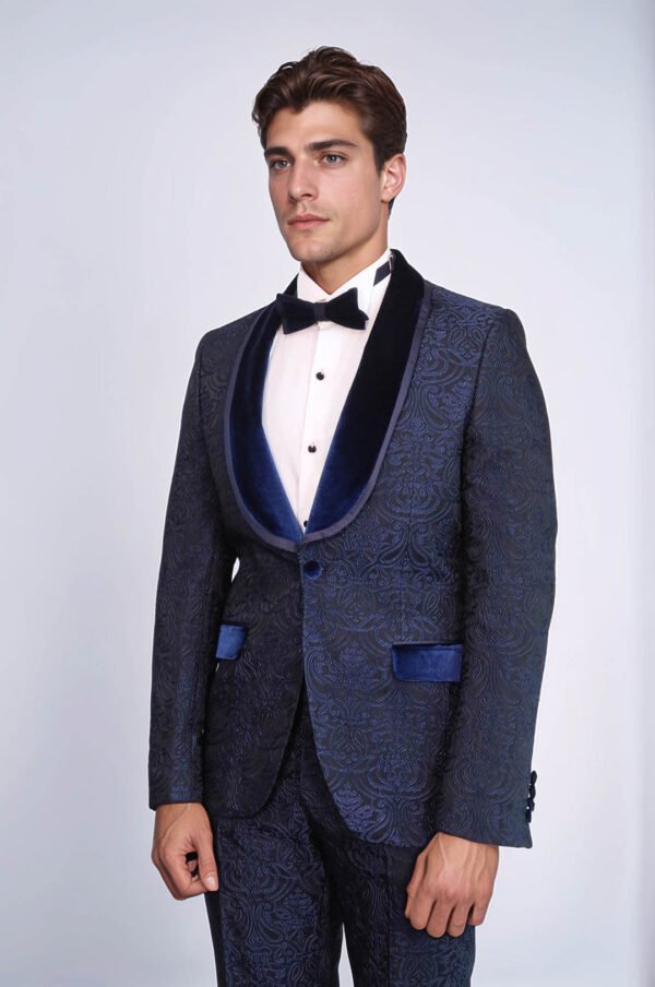 2 Piece Damask Patterned Velvet Shawl Collar Royal Blue Men's Tuxedo Suit