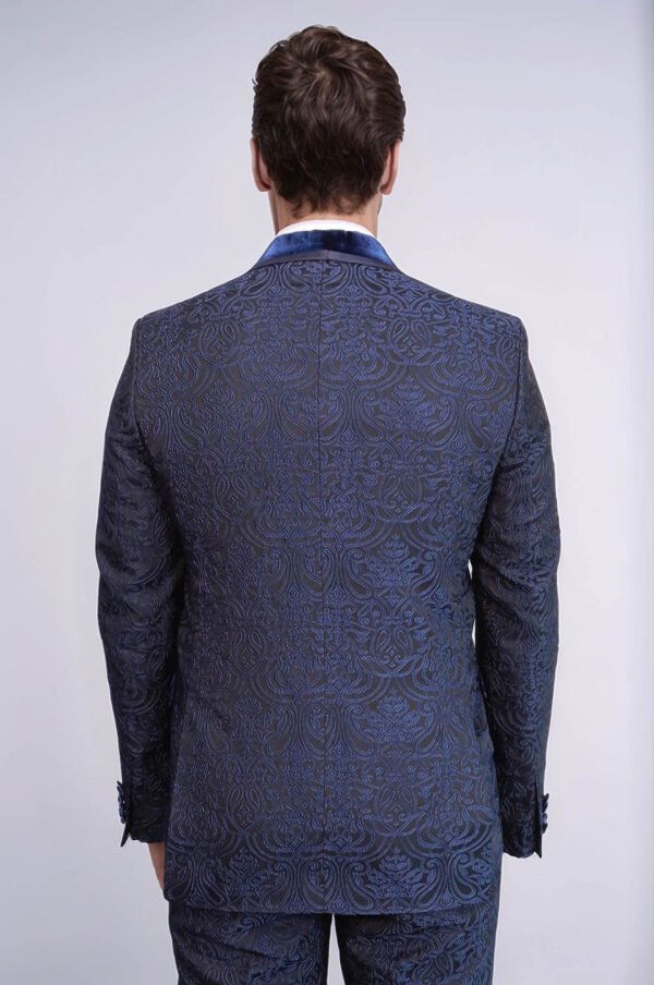 2 Piece Damask Patterned Velvet Shawl Collar Royal Blue Men's Tuxedo Suit