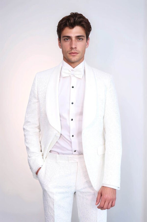 2 Piece Damask Patterned Velvet Shawl Collar White Men's Tuxedo Suit