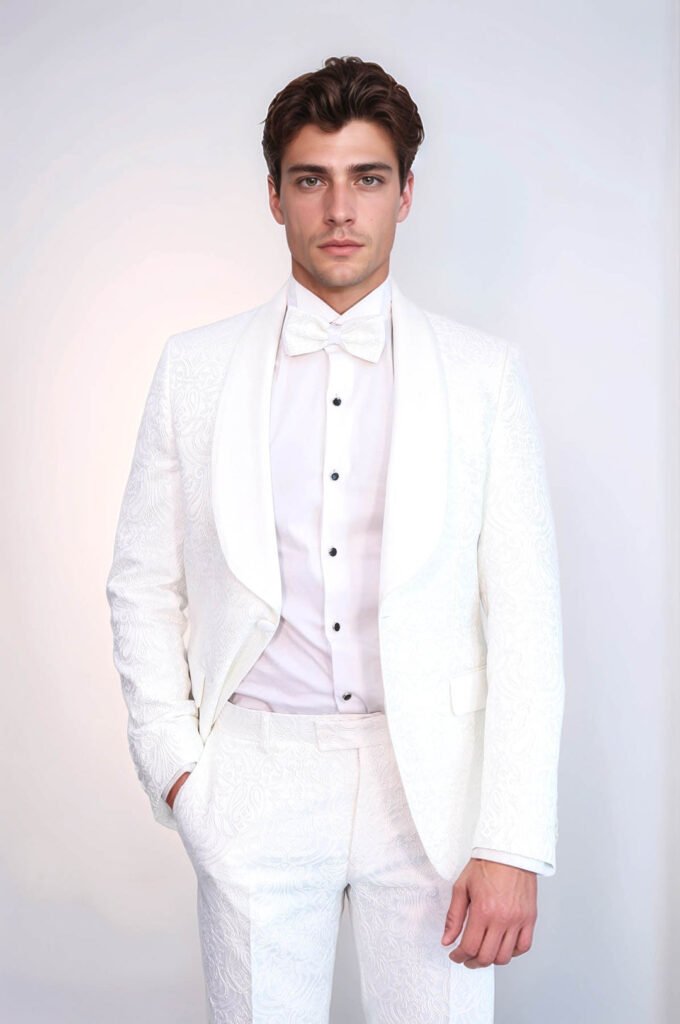 2 Piece Damask Patterned Velvet Shawl Collar White Men's Tuxedo Suit