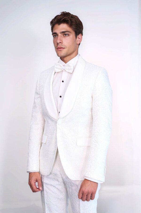 2 Piece Damask Patterned Velvet Shawl Collar White Men's Tuxedo Suit