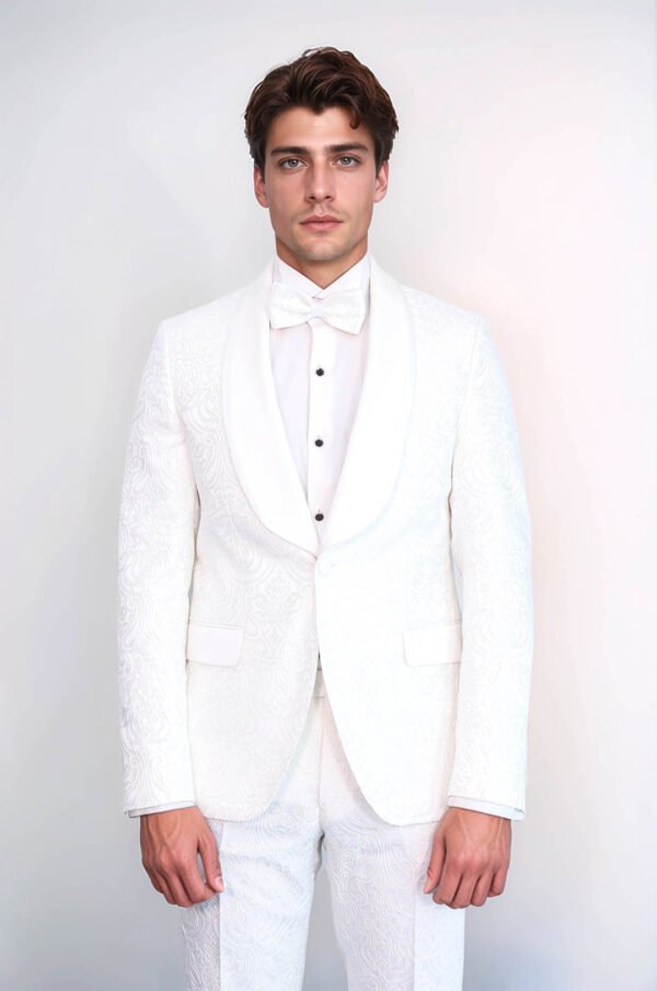 2 Piece Damask Patterned Velvet Shawl Collar White Men's Tuxedo Suit