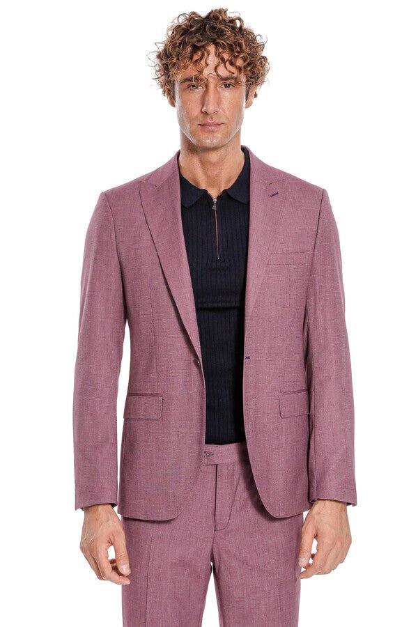 2 Piece Patterned Slim Fit Purple Men Suit