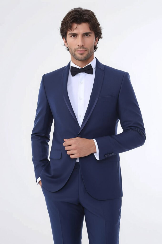 2 Piece Tuxedo Collar Piping Navy Blue Suit