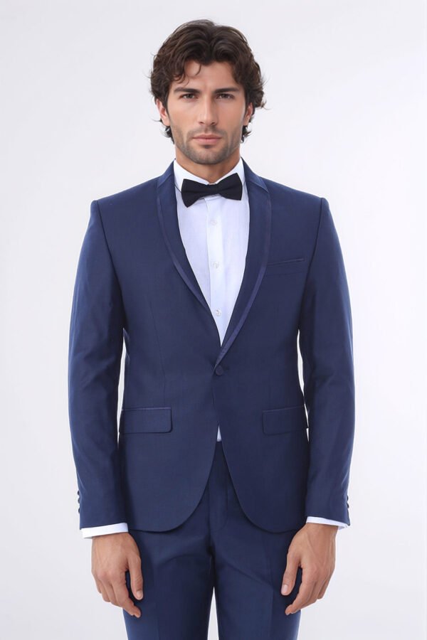 2 Piece Tuxedo Collar Piping Navy Blue Suit