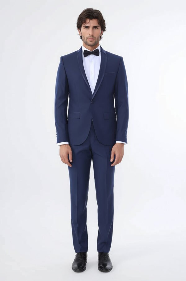 2 Piece Tuxedo Collar Piping Navy Blue Suit