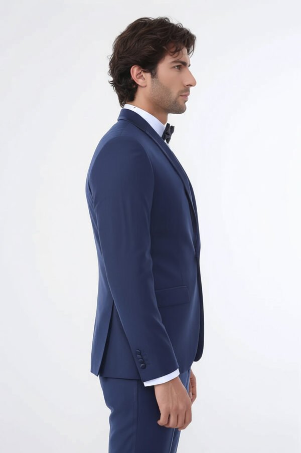 2 Piece Tuxedo Collar Piping Navy Blue Suit