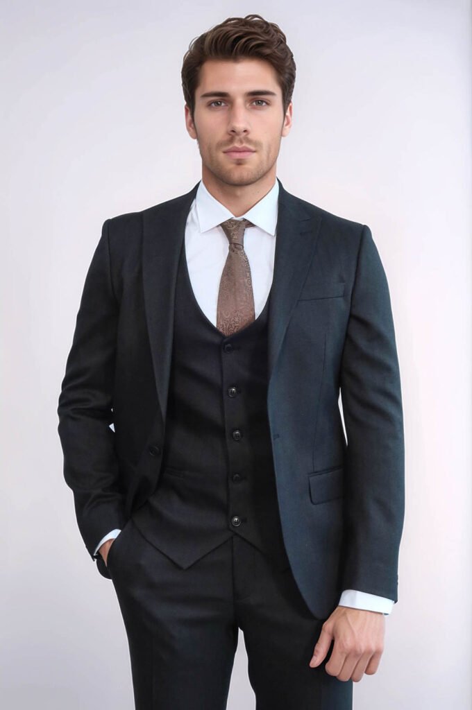 3 -Piece Single Button Peak Lapel Anthracite Men Suit