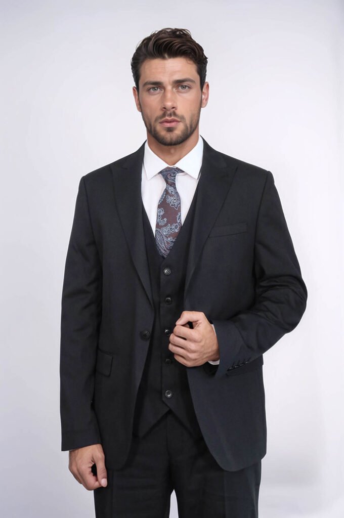 3 -Piece Single Button Peak Lapel Black Men Suit