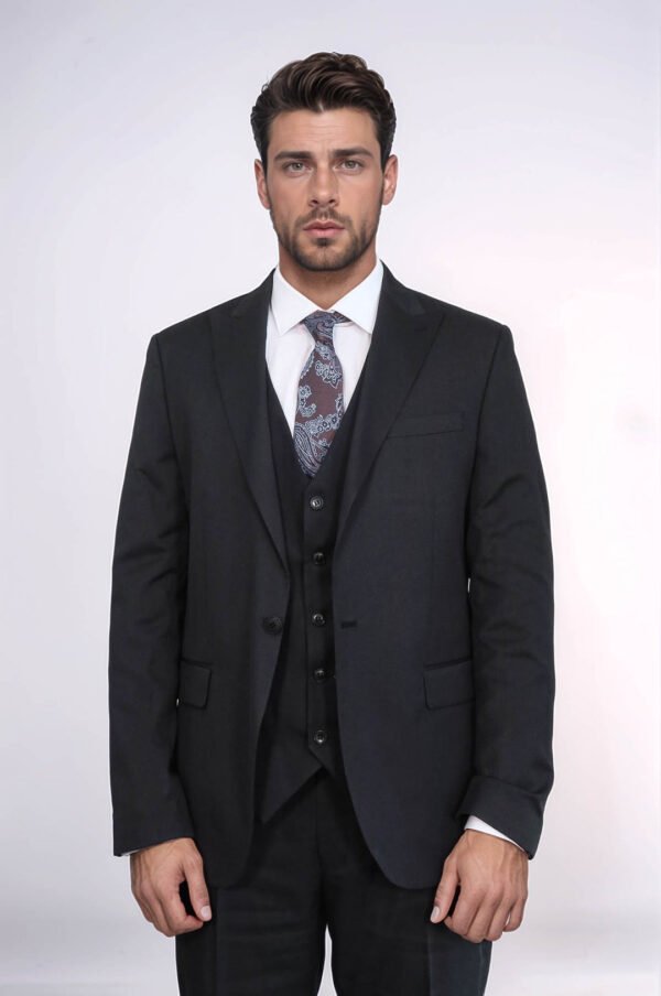 3 -Piece Single Button Peak Lapel Black Men Suit