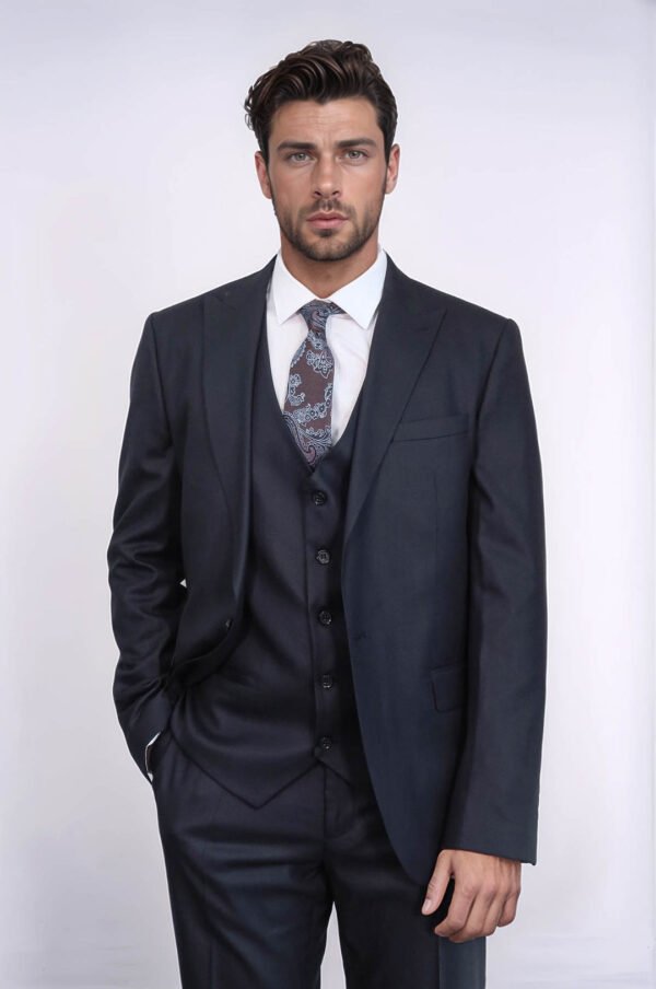 3 -Piece Single Button Peak Lapel Dark Blue Men Sui