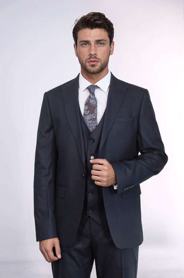 3 -Piece Single Button Peak Lapel Dark Blue Men Sui