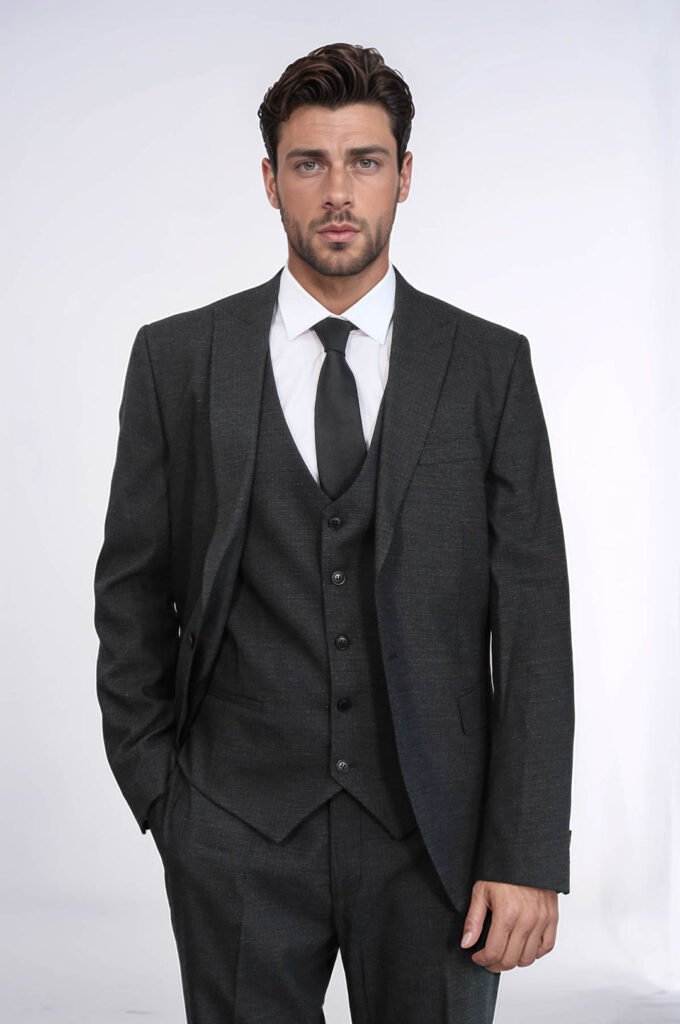 3 -Piece Single Button Peak Lapel Dark Grey Men Suit