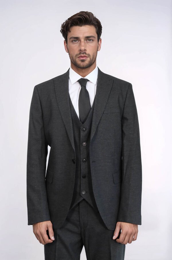3 -Piece Single Button Peak Lapel Dark Grey Men Suit