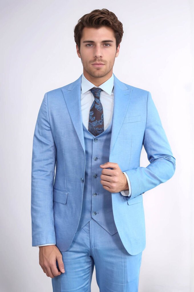 3 -Piece Single Button Peak Lapel Ice Blue Men Suit