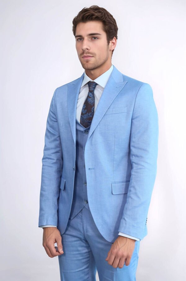 3 -Piece Single Button Peak Lapel Ice Blue Men Suit