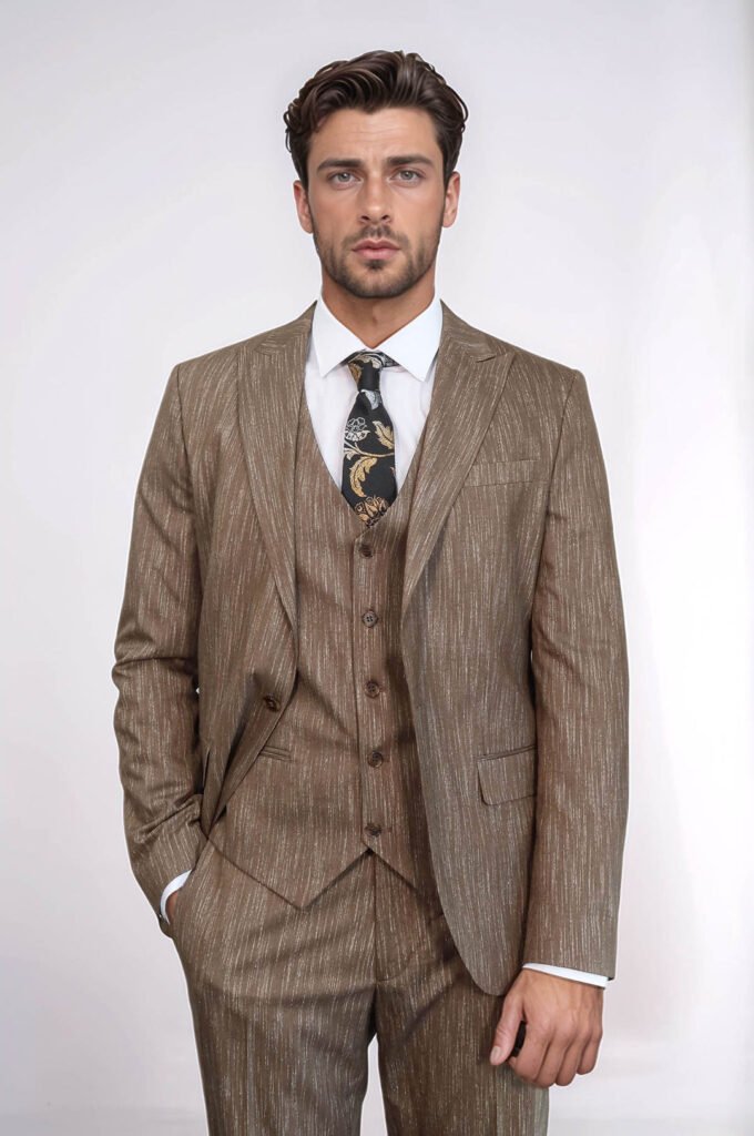 3 -Piece Single Button Peak Lapel Tan Men Suit