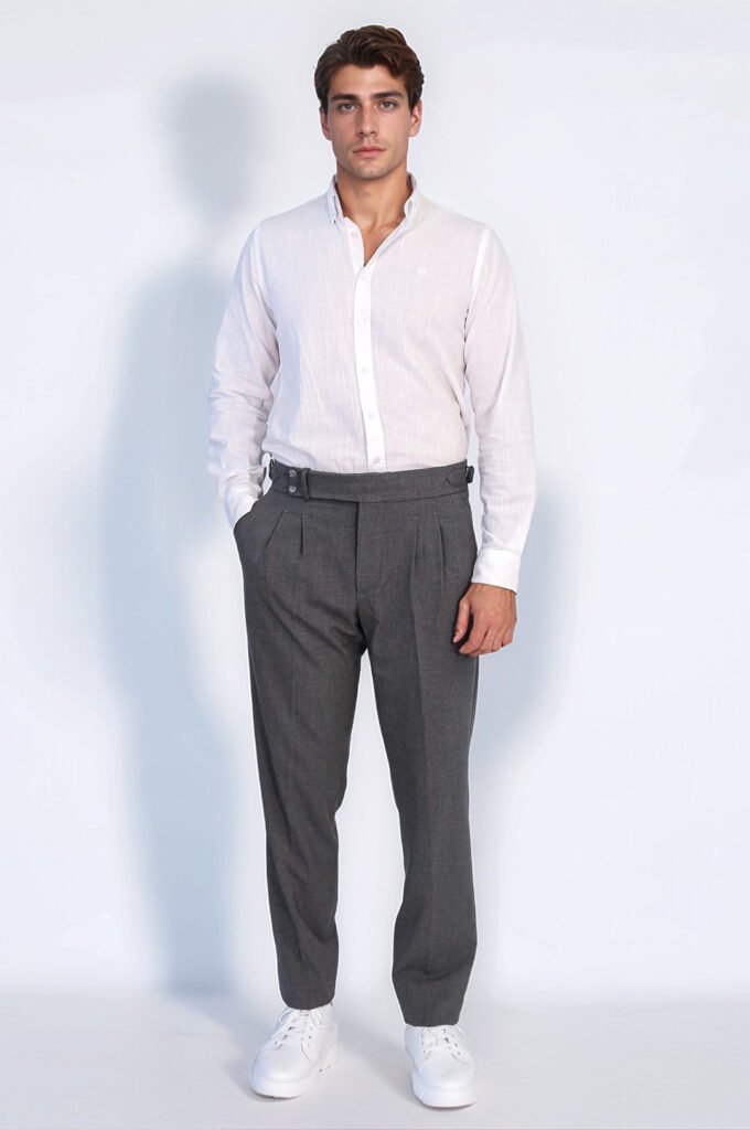 Anthracite Double Pleated Buckled High Waist Slim Fit Trousers