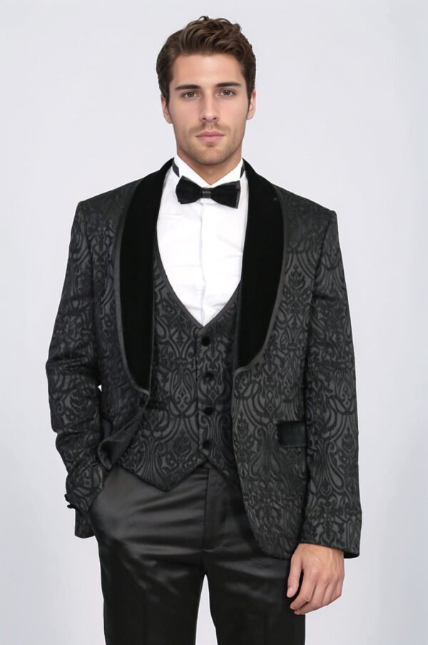 Baroque Patterned Velvet Shawl Collar Vest With Black Tuxedo