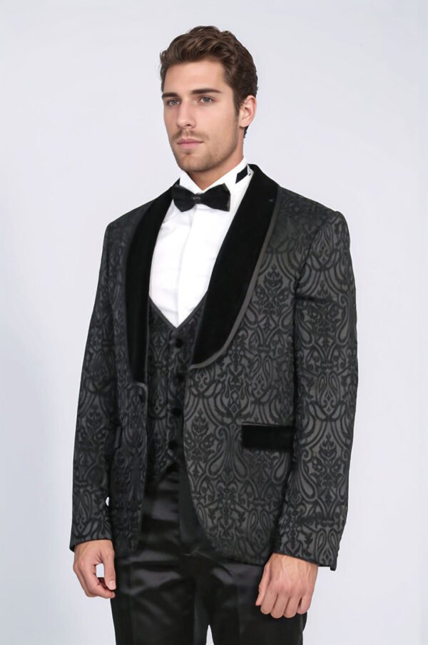 Baroque Patterned Velvet Shawl Collar Vest With Black Tuxedo