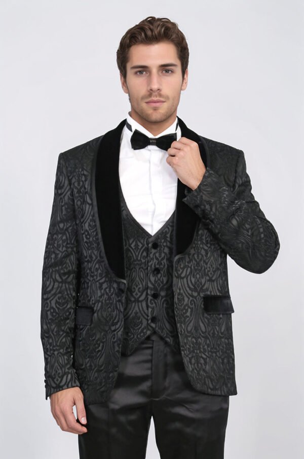Baroque Patterned Velvet Shawl Collar Vest With Black Tuxedo