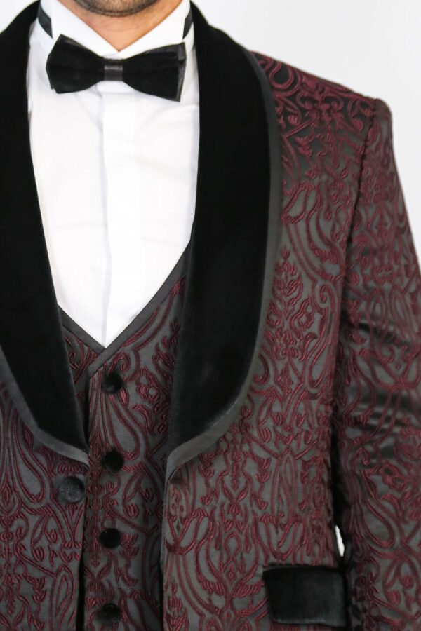 Baroque Patterned Velvet Shawl Collar Vested Burgundy Tuxedo