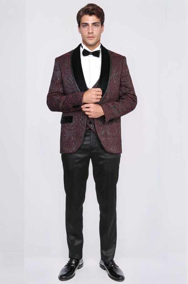 Baroque Patterned Velvet Shawl Collar Vested Burgundy Tuxedo