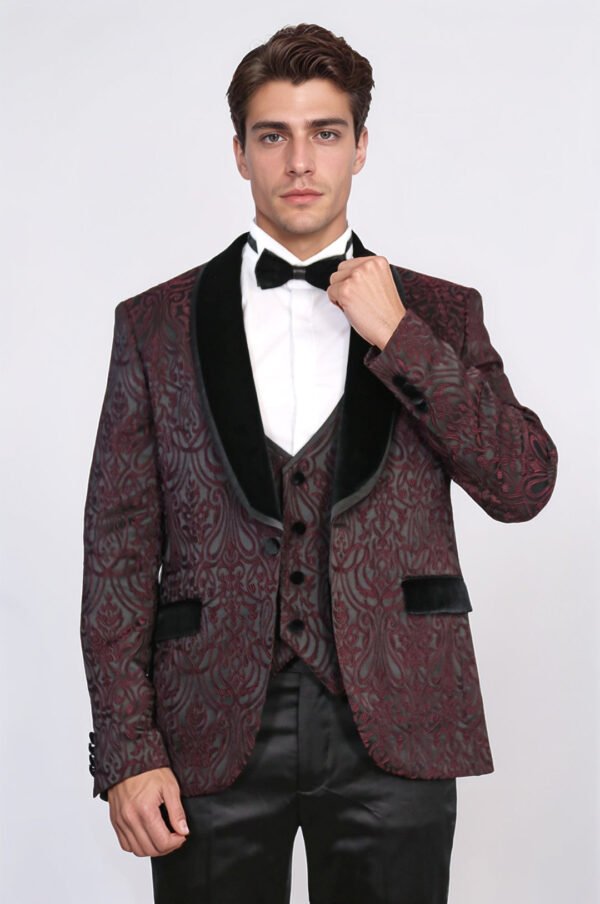 Baroque Patterned Velvet Shawl Collar Vested Burgundy Tuxedo