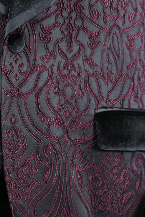 Baroque Patterned Velvet Shawl Collar Vested Burgundy Tuxedo