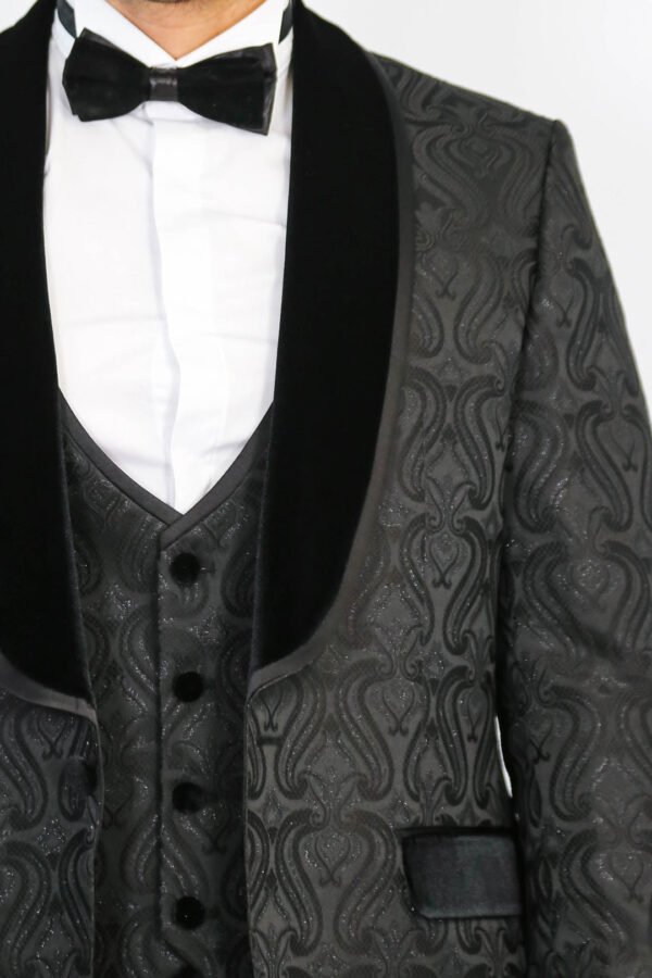 Baroque Patterned Velvet Shawl Collar Vested Glittery Black Tuxedo