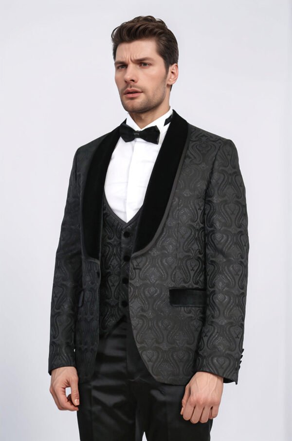 Baroque Patterned Velvet Shawl Collar Vested Glittery Black Tuxedo