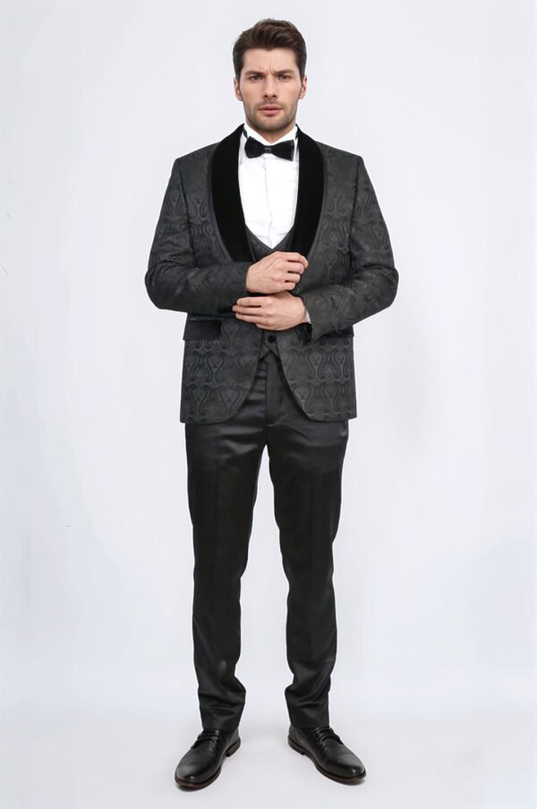 Baroque Patterned Velvet Shawl Collar Vested Glittery Black Tuxedo