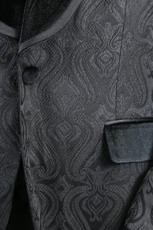 Baroque Patterned Velvet Shawl Collar Vested Glittery Black Tuxedo